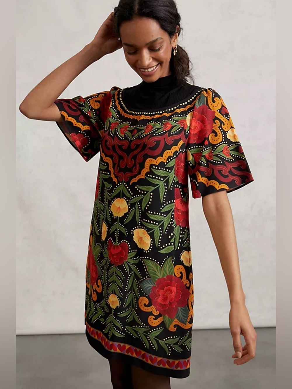 Farm Rio Larsa Mock Neck Colorful Floral Summer Mini Dress XS